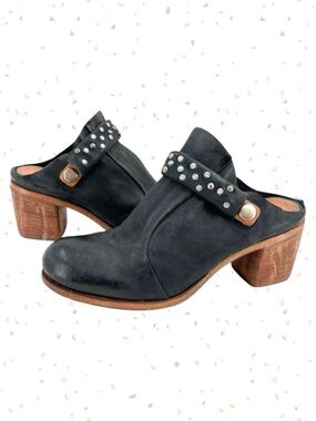A.S.98 Black Leather Mules Silver Studded Heeled Shoes Boho Cottage EU Size 36